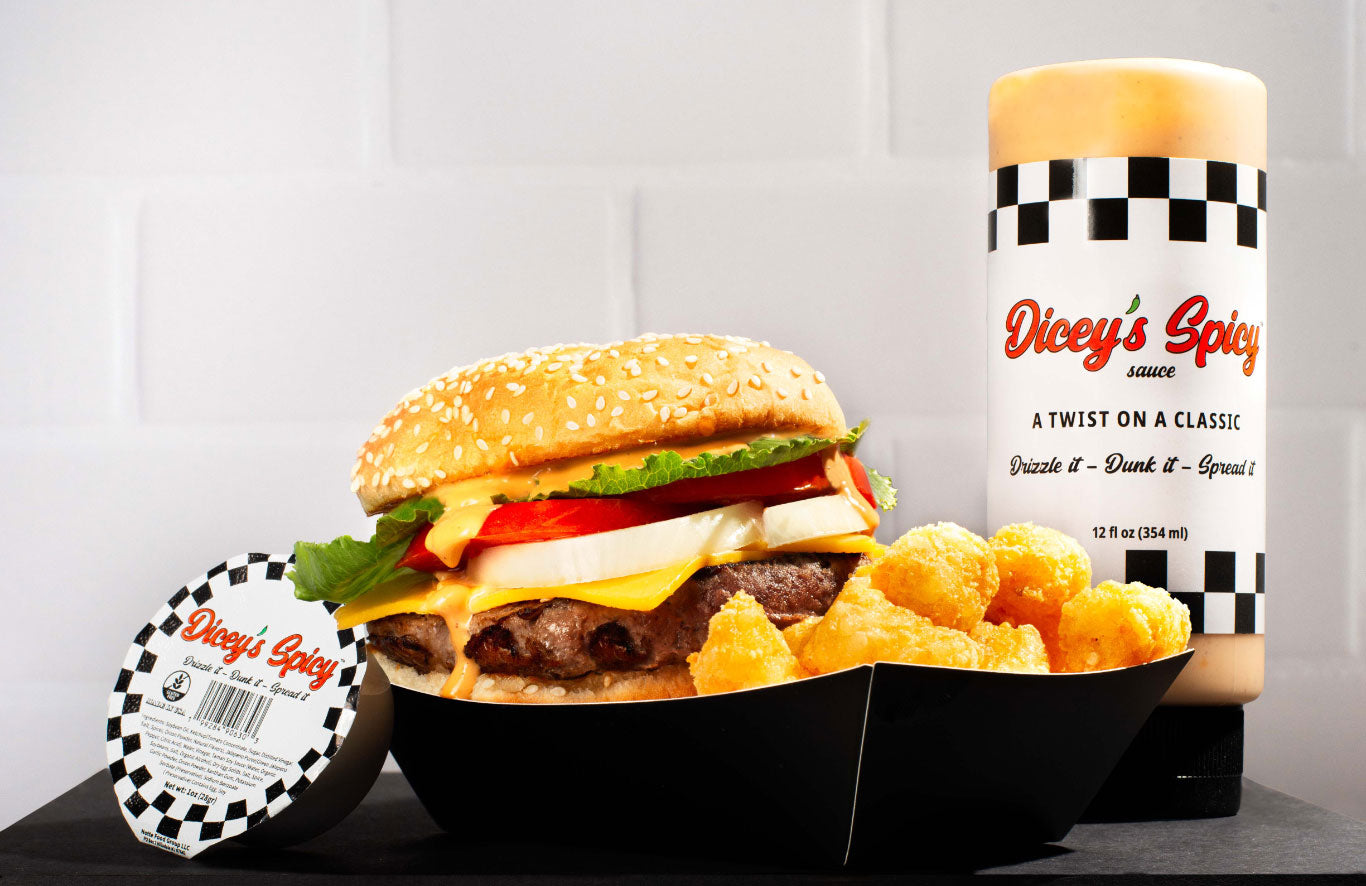 Dicey's Spicy creamy jalapeno sauce bottle with fries 