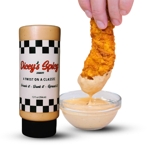 Dunking Dipping chicken into diceys spicy sauce jalapeno dipping bottle condiment 